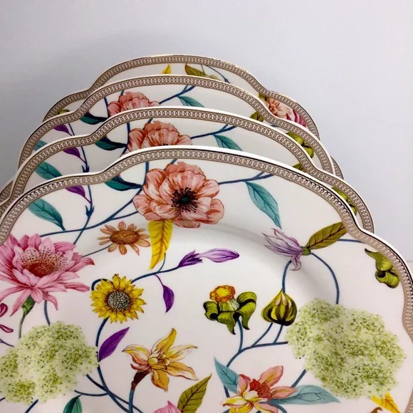 4 Grace Teaware Magnolia Song Bird SALAD Plates Floral Scalloped Gold Rim